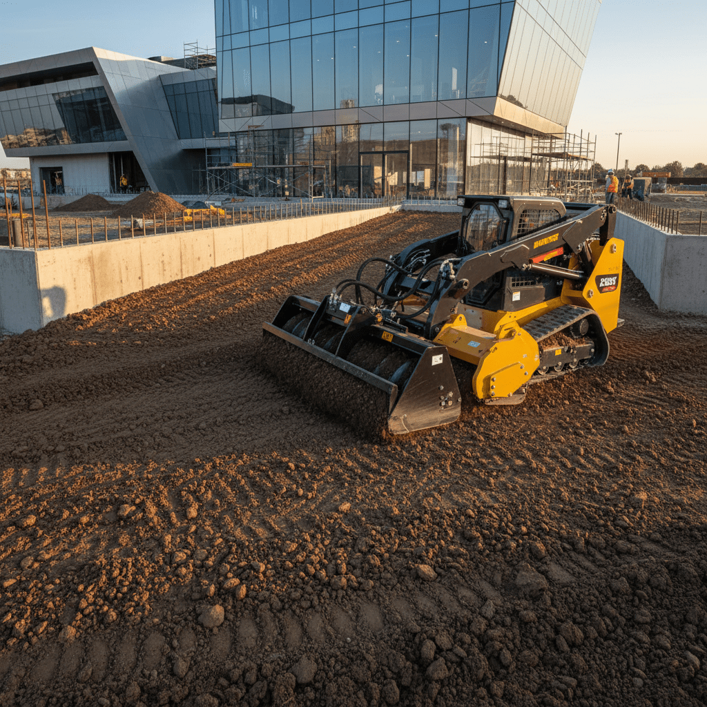 Skid steer power rake grading soil at a modern construction site foundation.