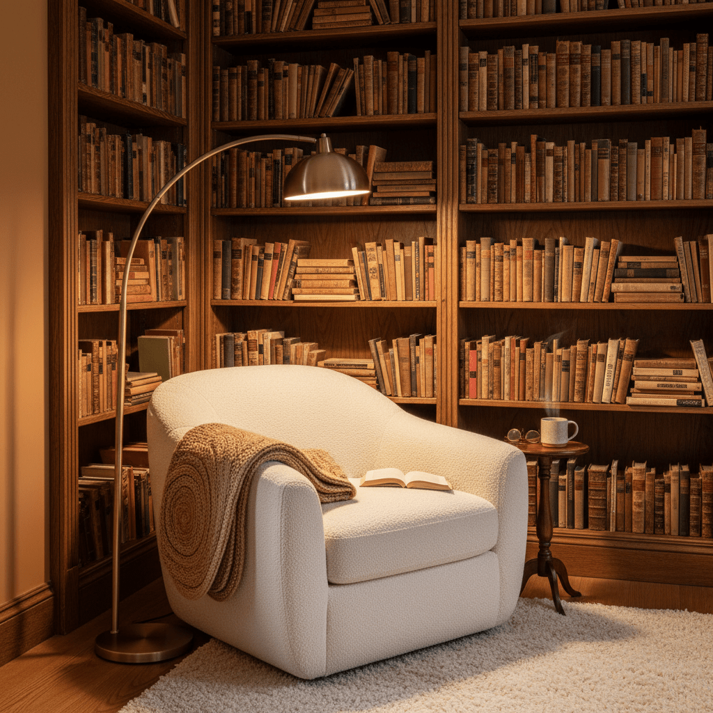 Caramel tan reading nook with cream armchair, brass lamp, and floor-to-ceiling bookshelves.