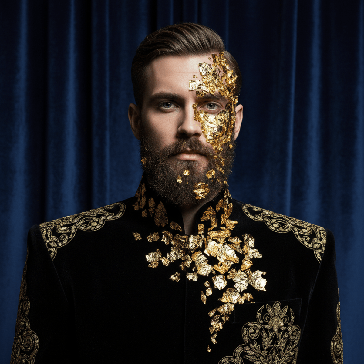 Model with avant-garde glitter beard and gold leaf accents, regal and couture inspired.