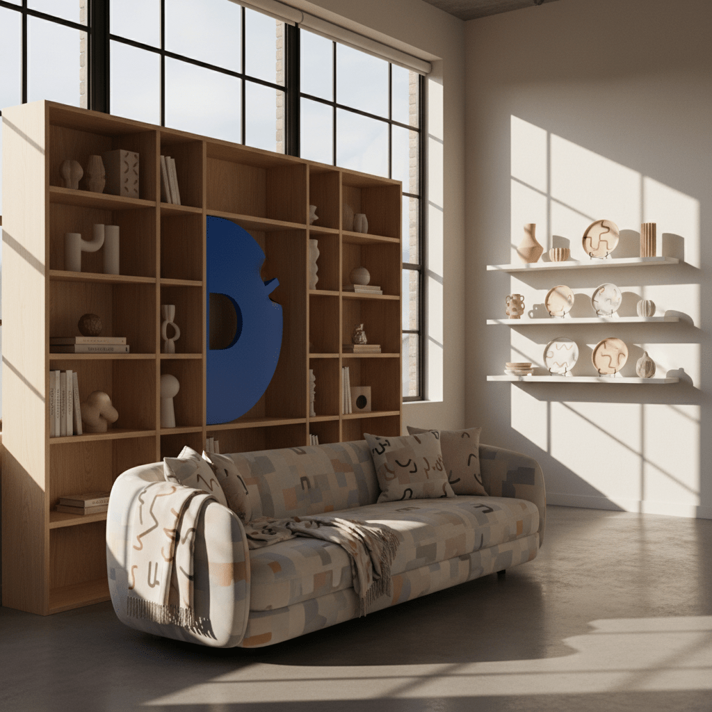 Loft interior with 80s Memphis style, neutral shelving, and bold geometric element.