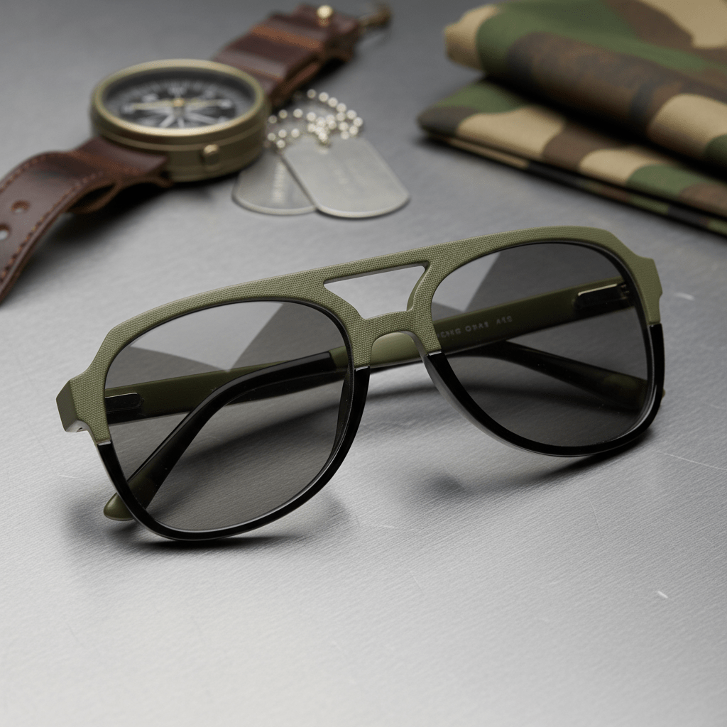 Chunky acetate aviator eyeglasses with olive green and black frame on metal.