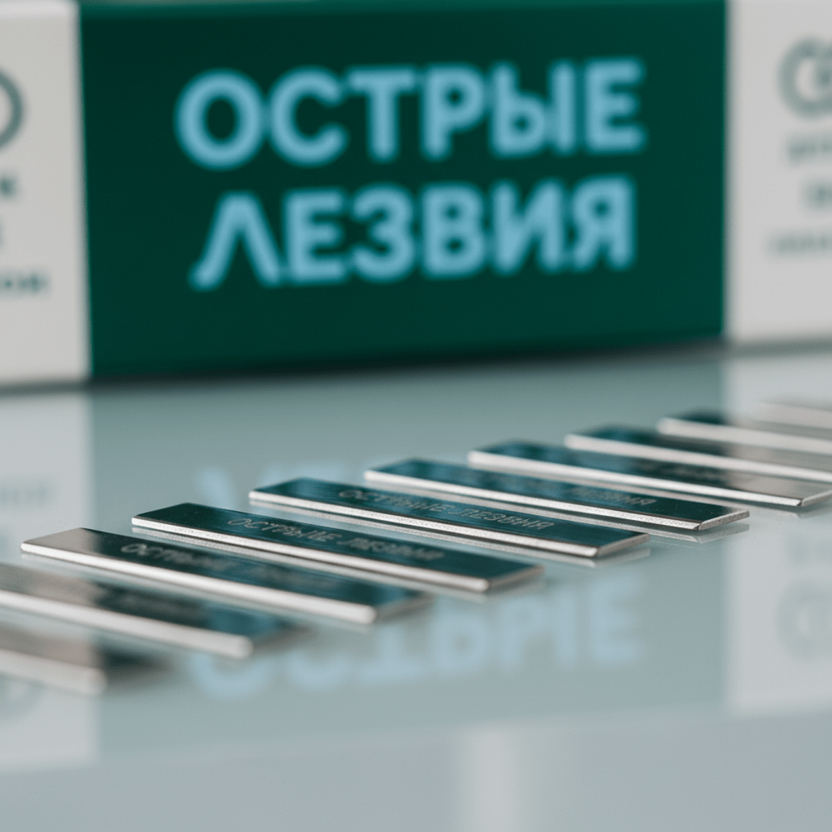 Premium safety razor blades with platinum coating gleam on reflective glass.