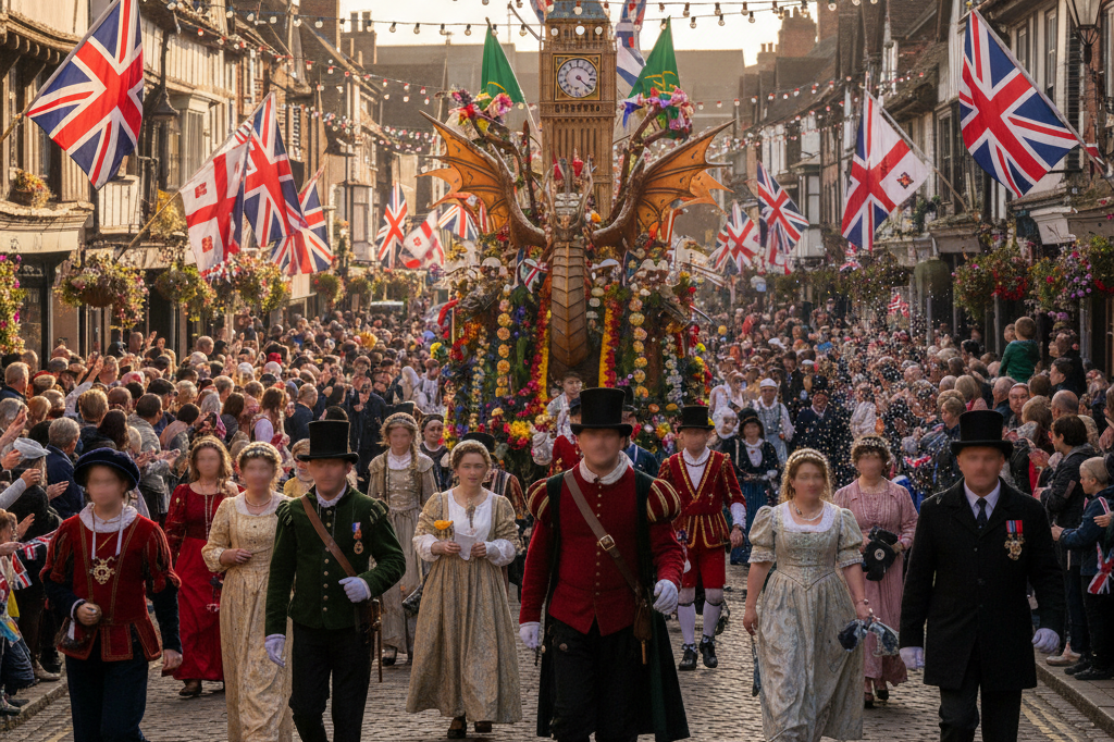 Wide shot of a lively parade with floats, flags, and participants in traditional attire under natural light, showcasing community spirit and teamwork