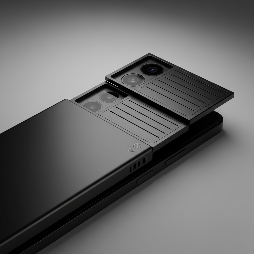 Sleek futuristic smartphone with sliding camera shutters and tactile indicators.