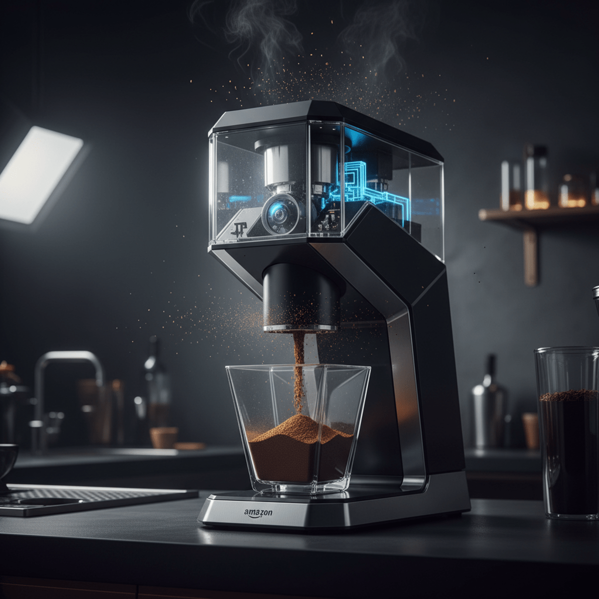 Futuristic coffee grinder with anti-static chamber on dark espresso bar.