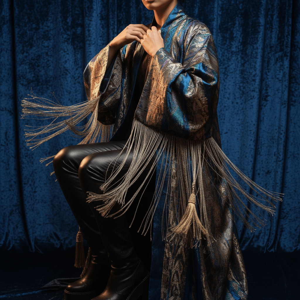 Opiumcore kimono jacket with silky fringe and tassels in rich jewel tones.