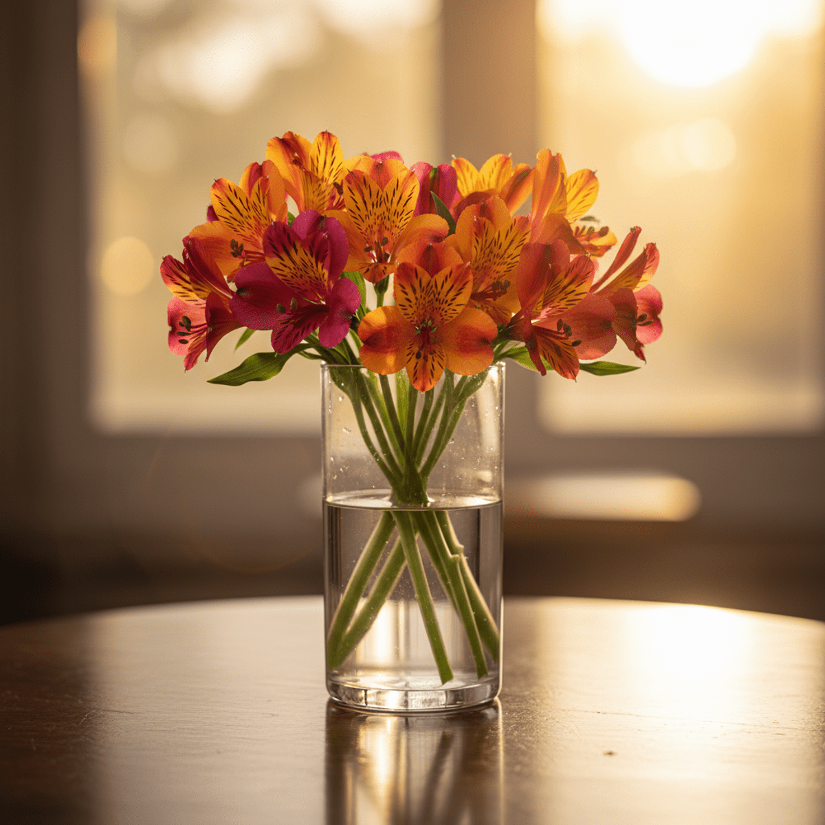 Vibrant jewel-toned Alstroemeria in a glass vase with freckled petals in golden hour light.