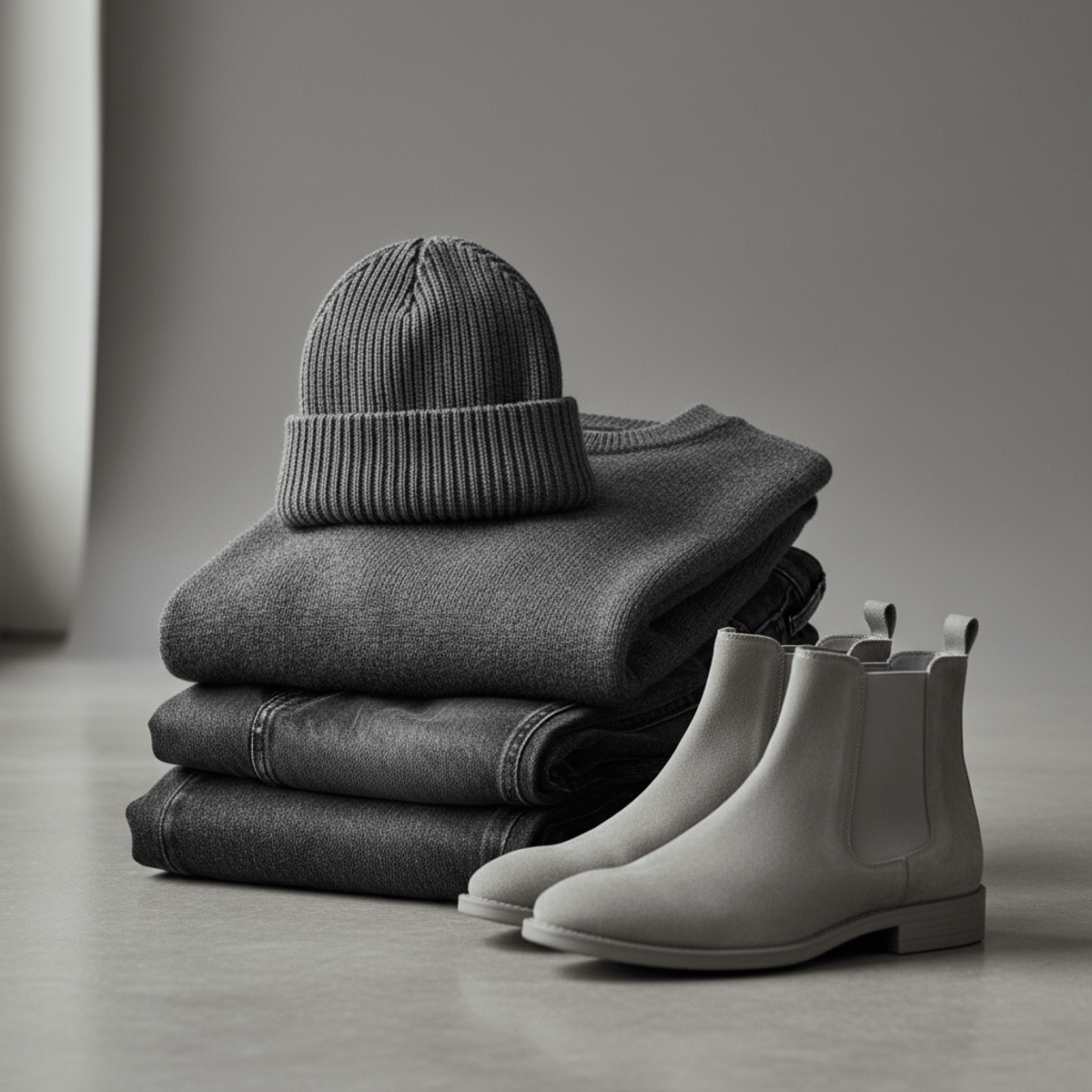 Minimalist studio shot of layered tonal gray menswear with distinct textures.