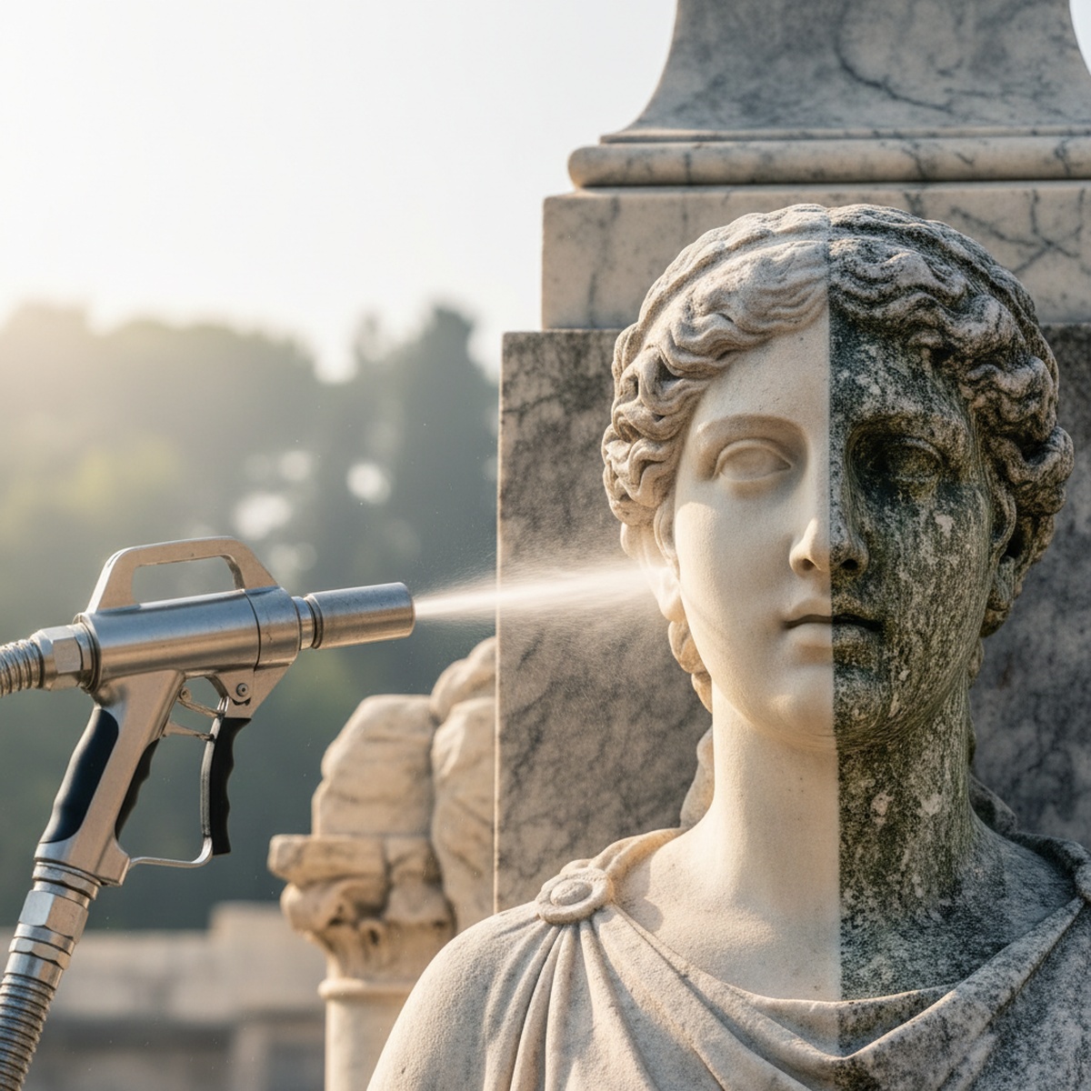 Dry ice blasting nozzle cleans weathered marble statue, revealing smooth bright surface.