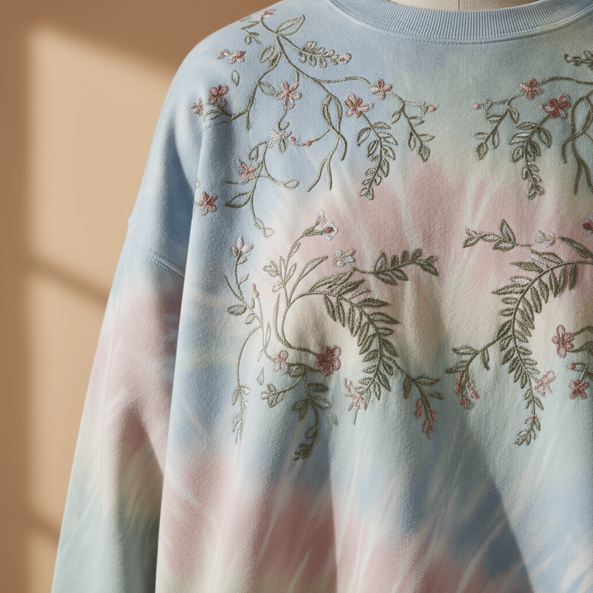 Luxurious tie-dye sweatshirt with delicate botanical embroidery in pastel tones.