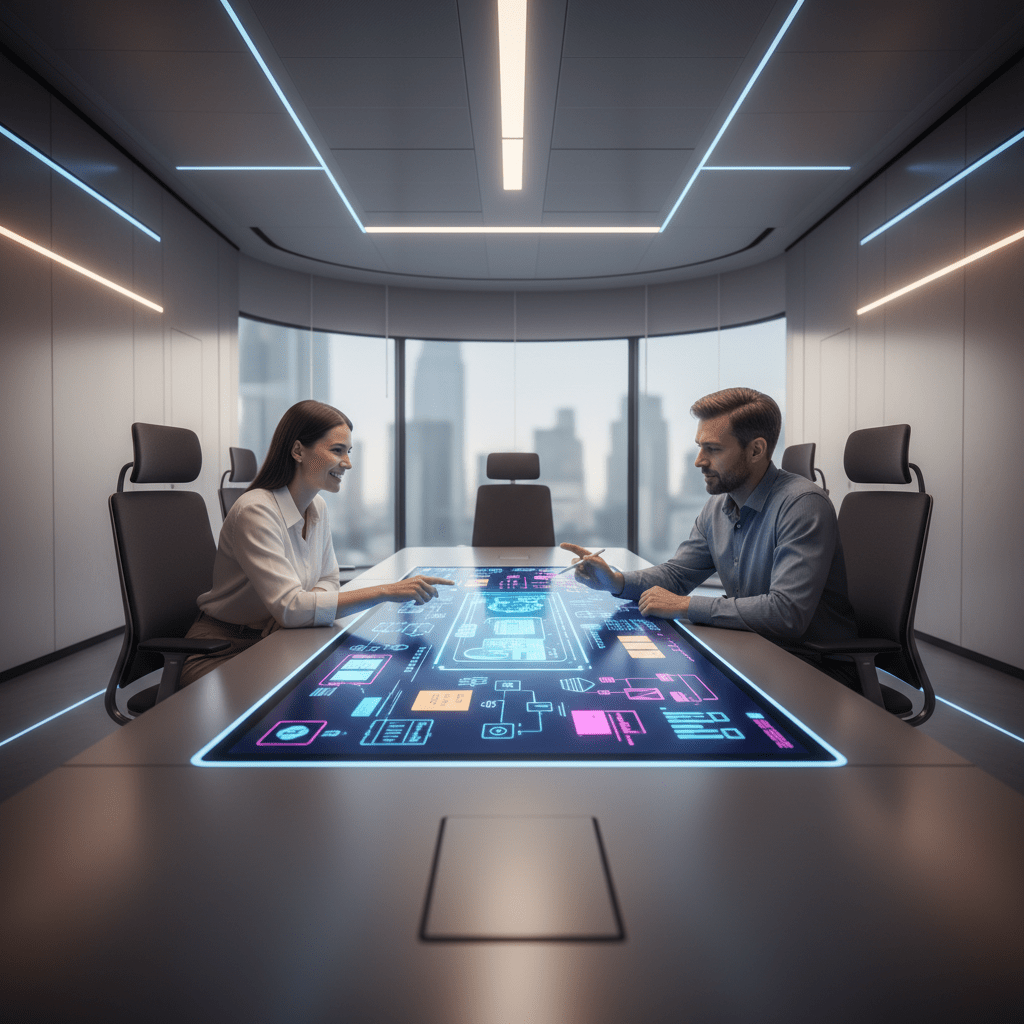 Futuristic hybrid workspace with a tablet as a collaborative whiteboard.