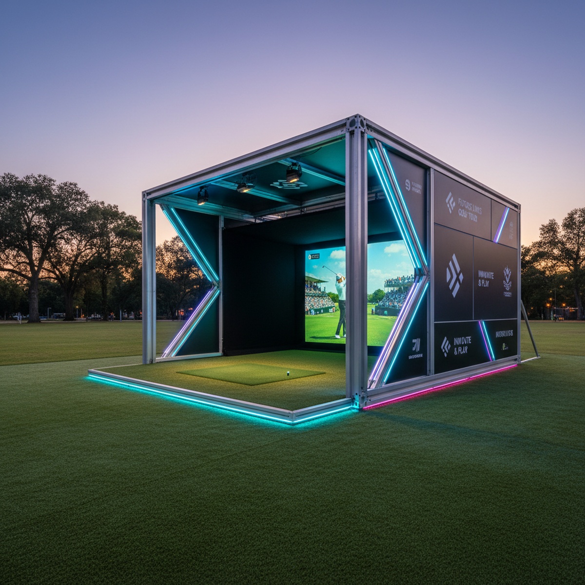 Sleek outdoor golf simulator with LED lighting and vibrant projection screen at dusk.