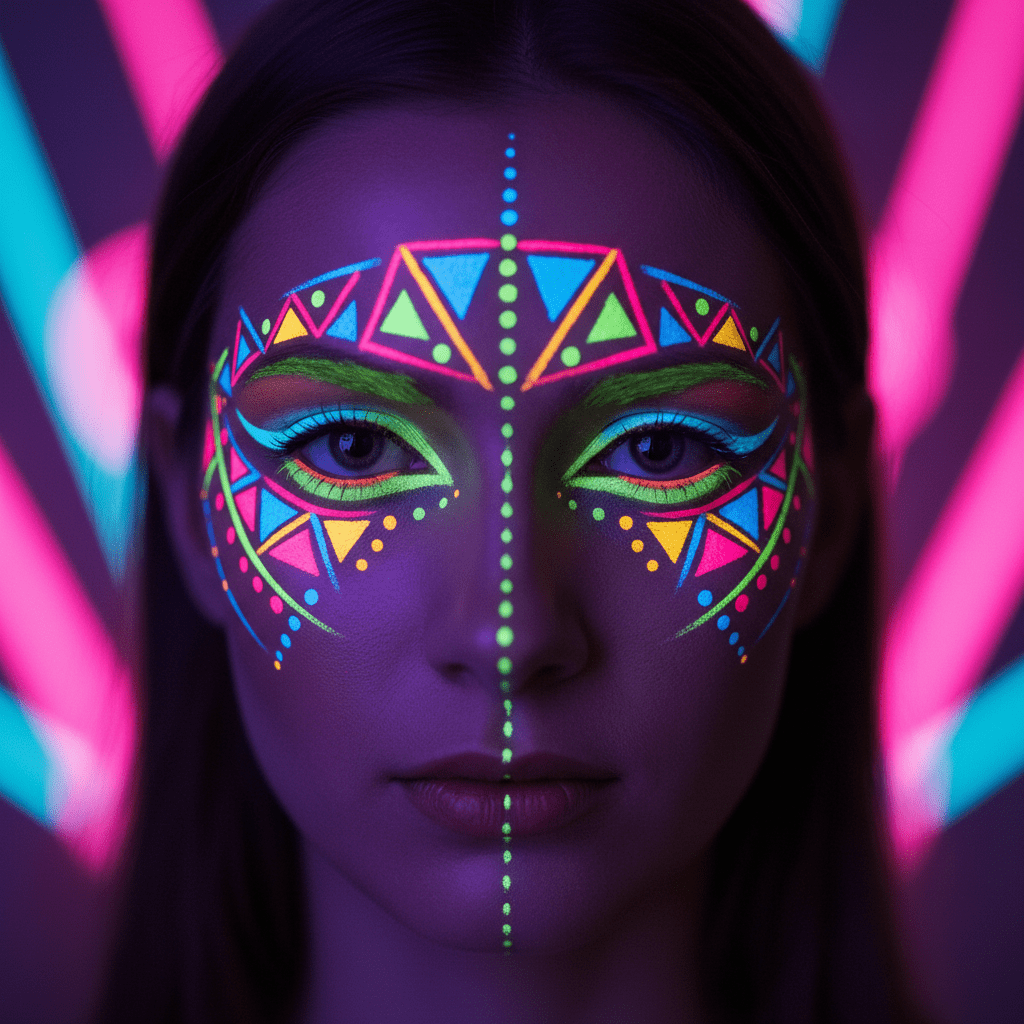 Young festival-goer with glowing geometric neon UV eyeliner under blacklight.
