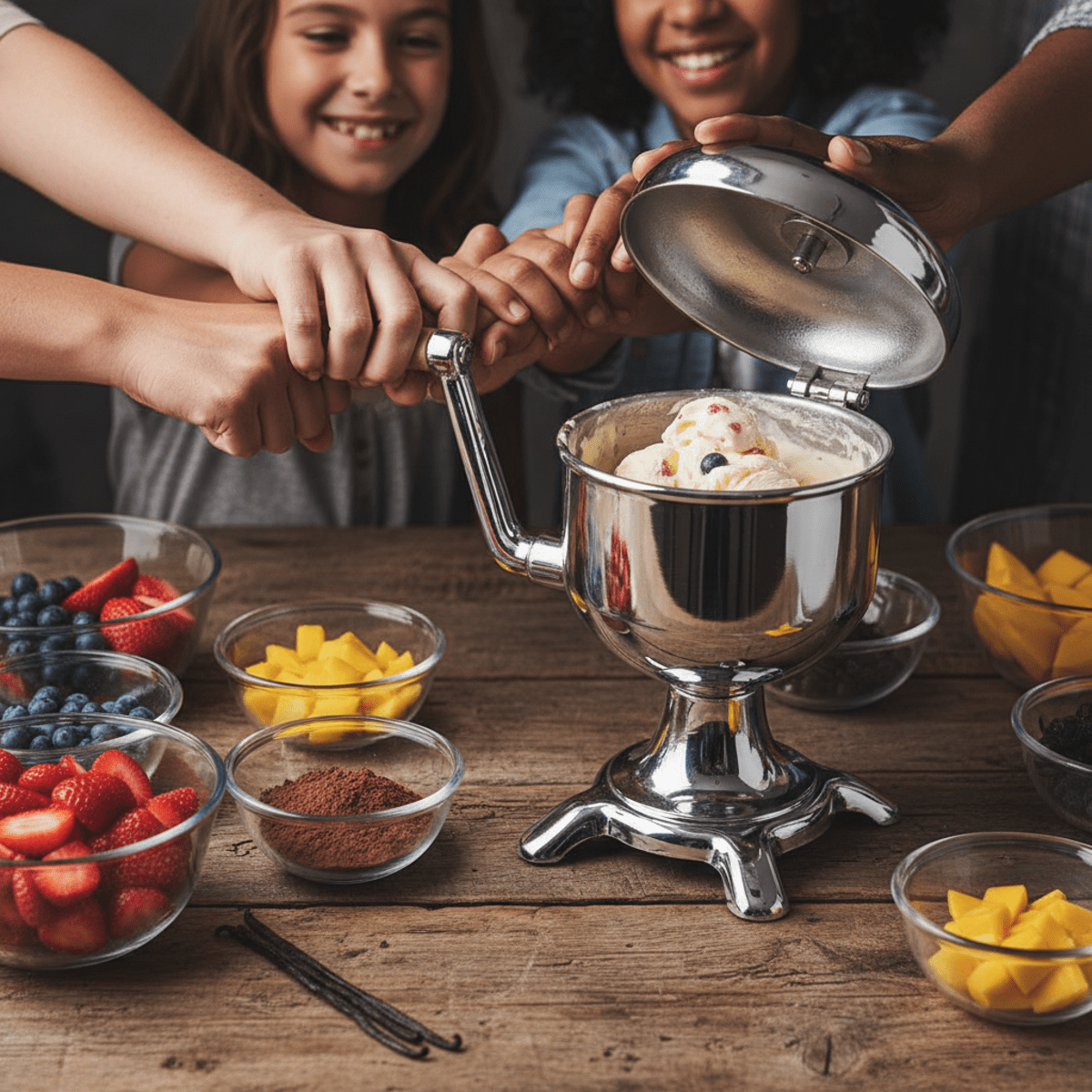 Hands of diverse ages and skin tones operate a polished metal ice cream maker.