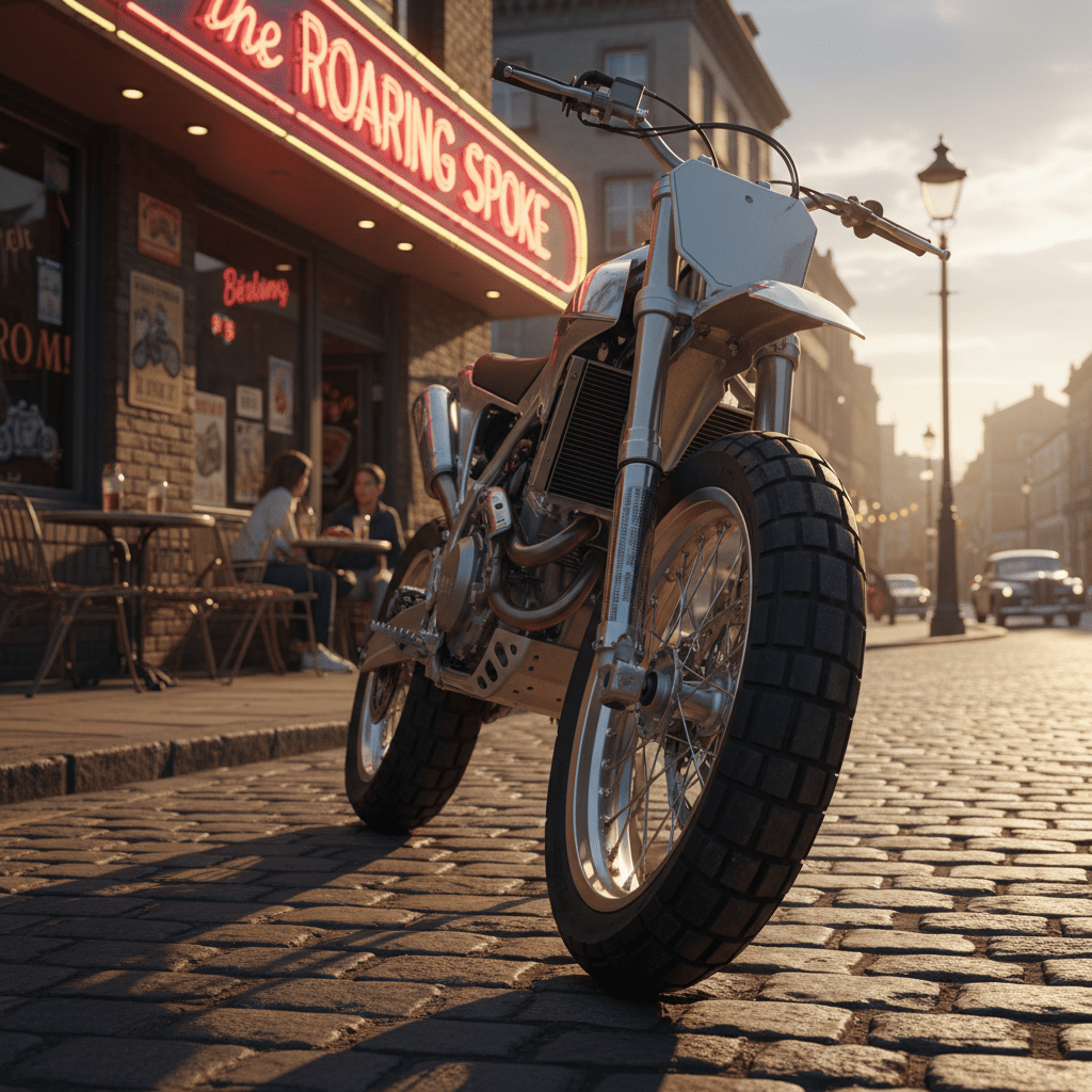 Customized supermoto with vintage tires parked at a retro cafe during golden hour.