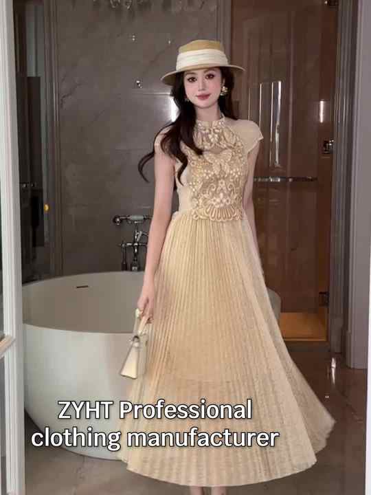 ZYHT 9880 New Party Women Casual Formal Dress Fashion Lace Pleated Long  Dress Ladies Elegant Summer Dresses for Woman