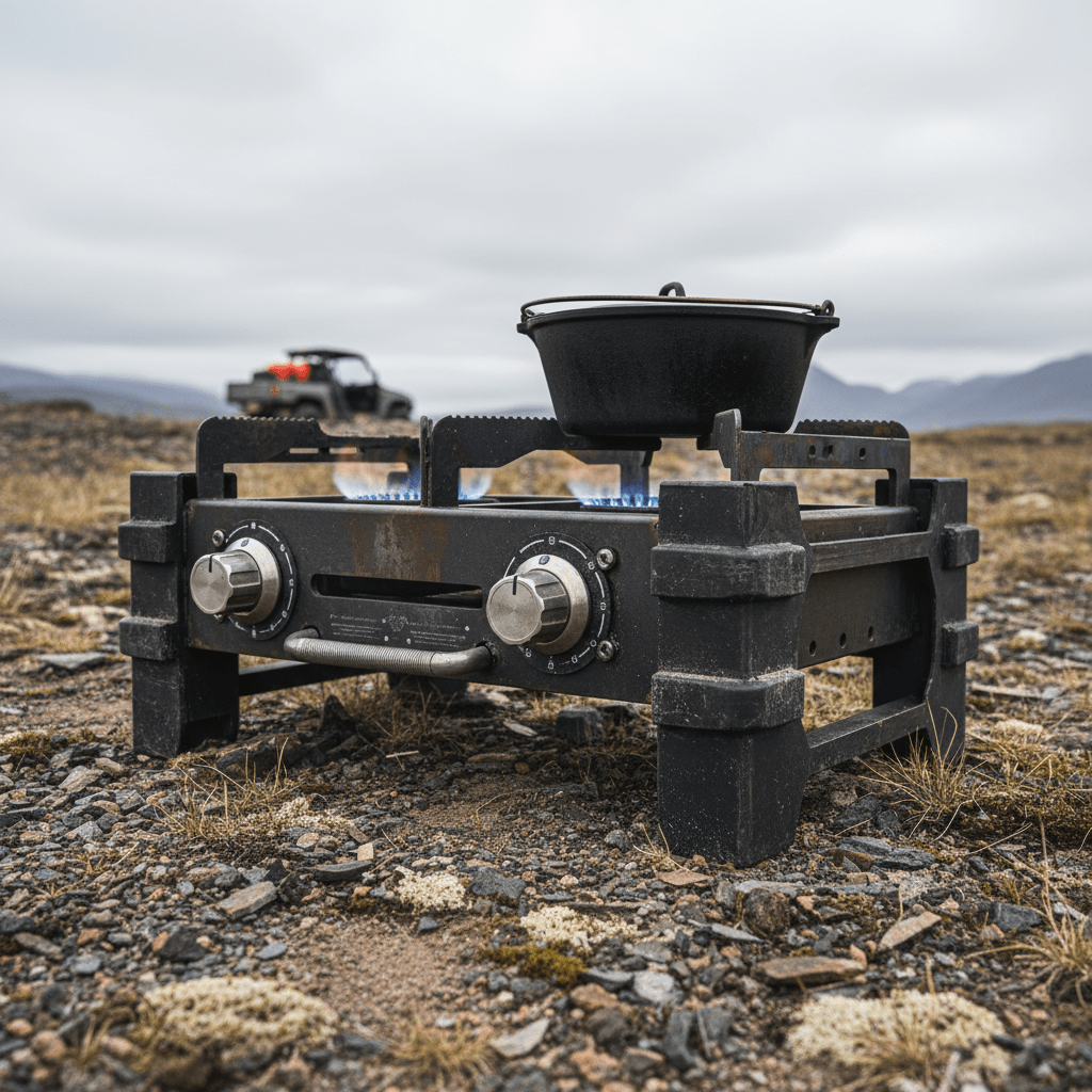 Heavy-duty portable gas range on rocky terrain with wind-resistant blue flames.