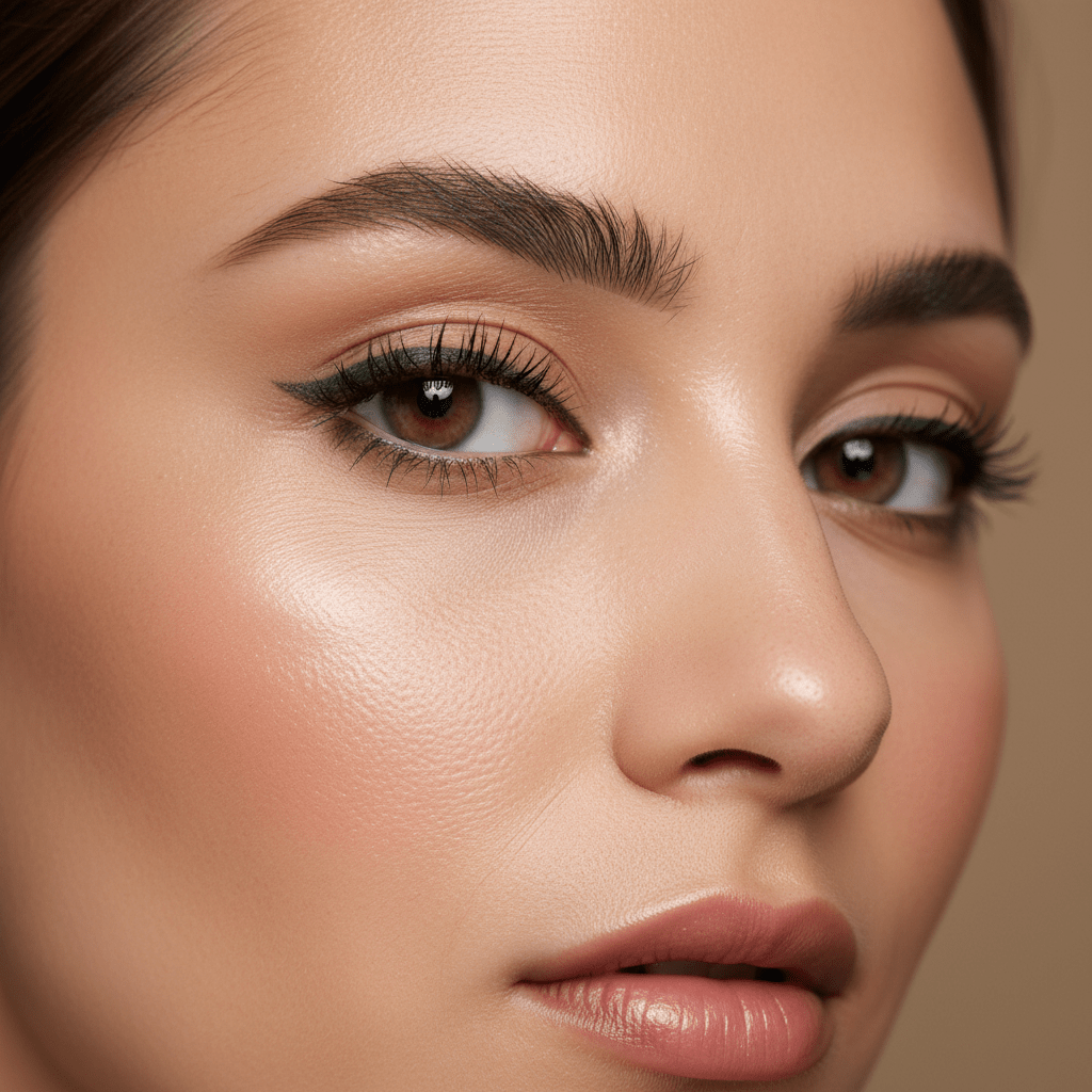 Woman's eyes with subtle moss green eyeliner and natural lashes, minimalist makeup.