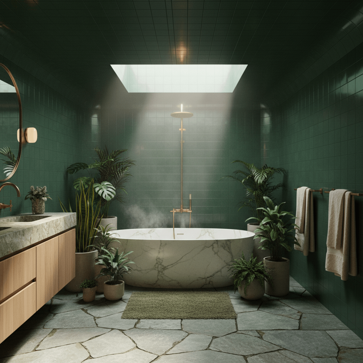 Luxurious forest green bathroom with glossy tiles, brass fixtures, and marble tub.