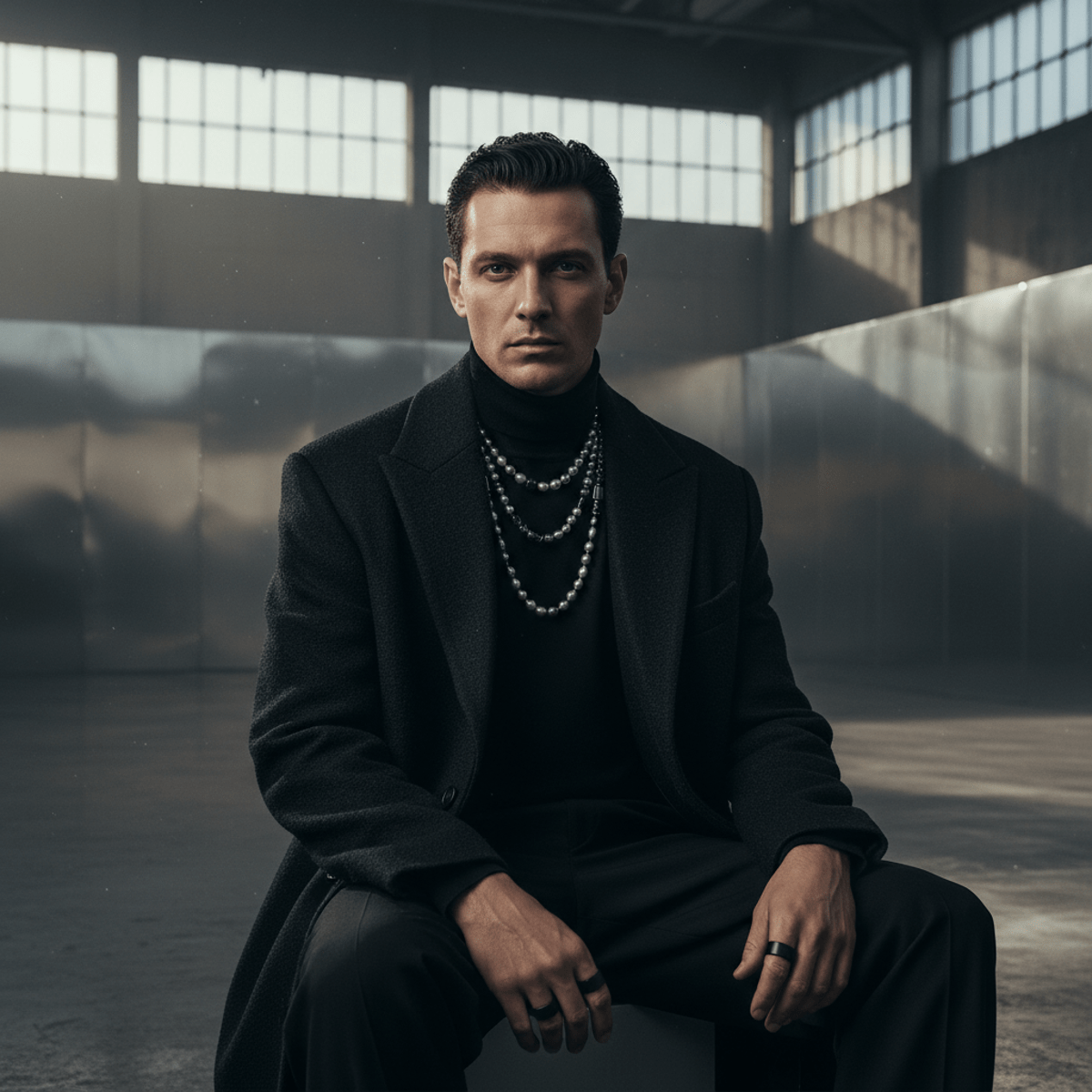 Man in modern industrial setting wearing silver-grey and black pearls.