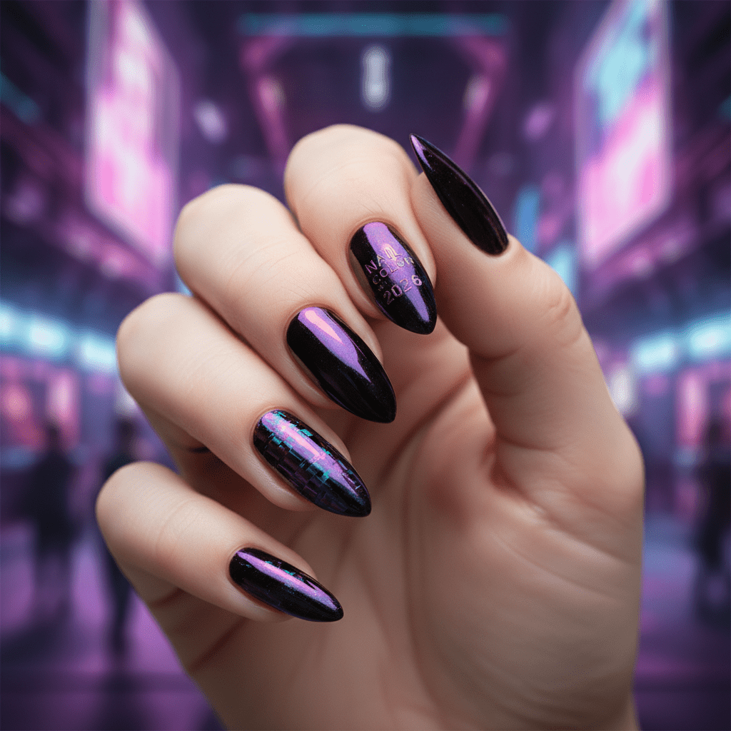 Futuristic chrome nails with shifting magenta, cyan, and blue tones on a black base.