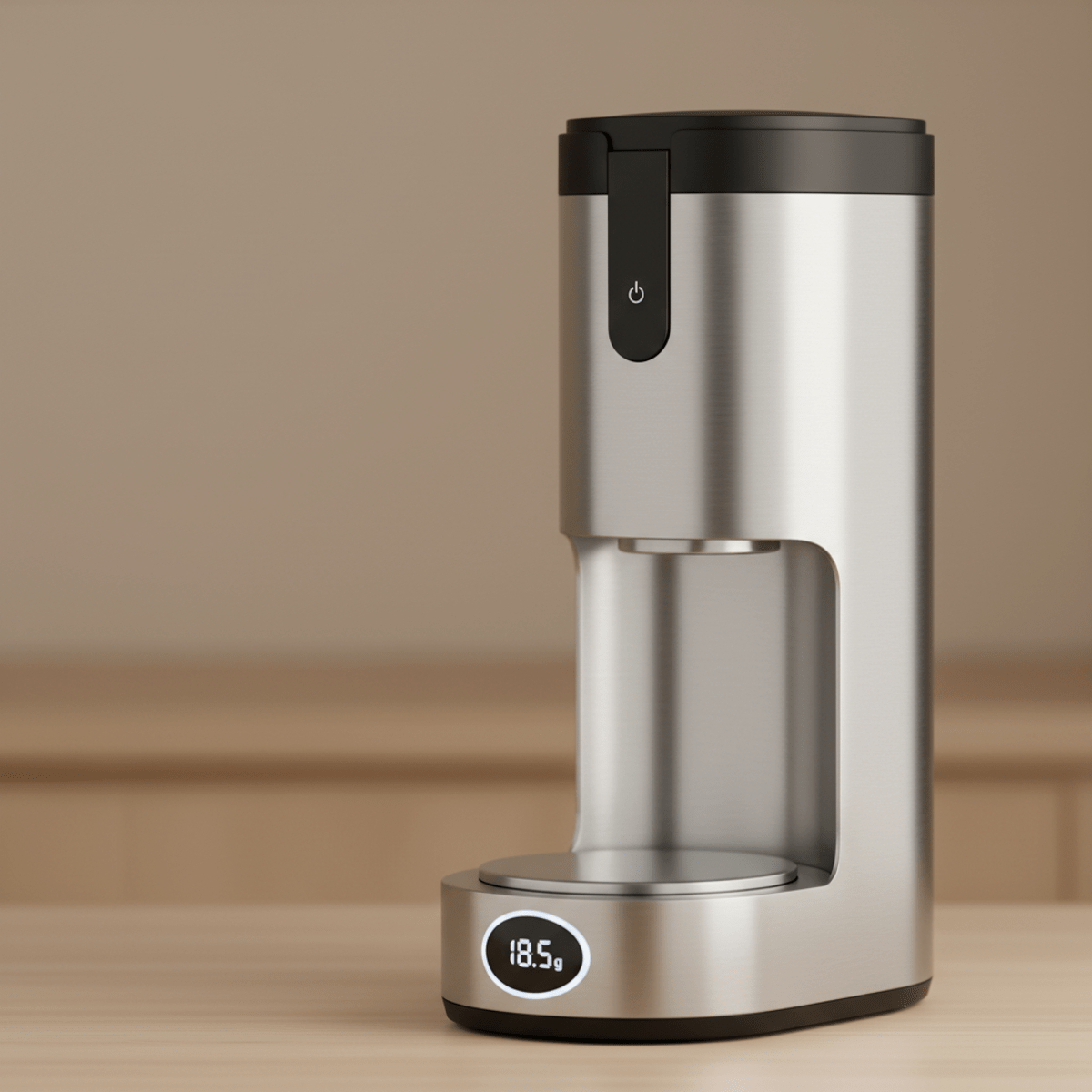 Sleek futuristic coffee grinder with integrated digital scale and brushed stainless steel finish.