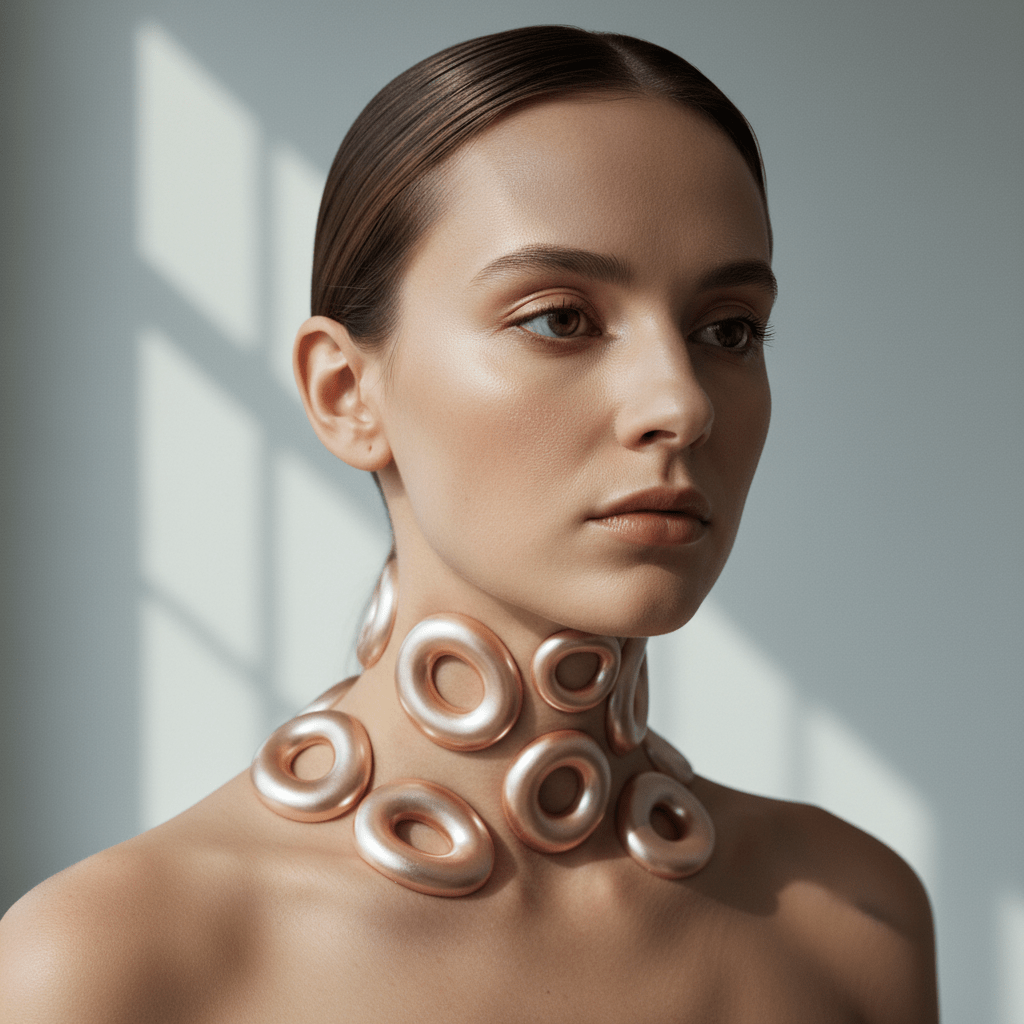 Close-up of model with bagel-inspired subcutaneous jewelry on collarbone.
