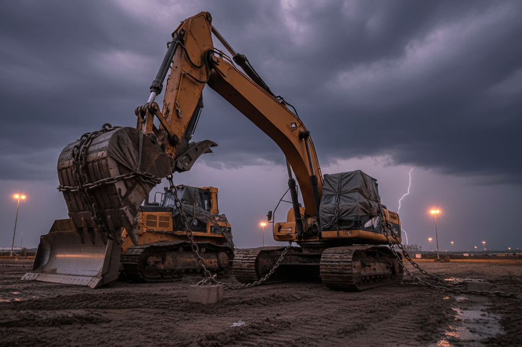 Heavy machinery anchored and protected at a construction site during storm preparations, showcasing safety measures against severe weather