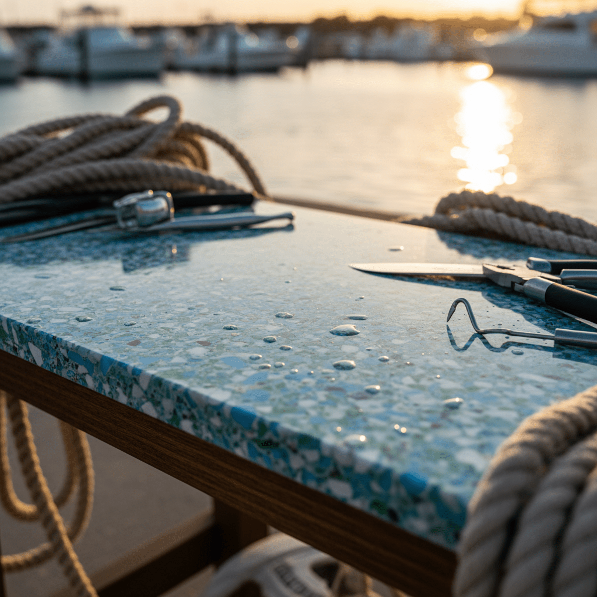 Close-up of a recycled ocean plastic fishing table with water droplets.