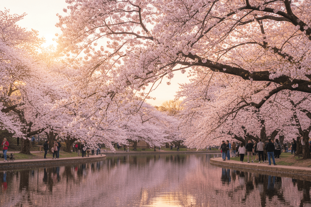 Cherry Blossoms at Peak Bloom Along the Tidal Basin Serene view of Yoshino cherry blossoms in full bloom reflecting in calm waters under warm golden-hour lighting
