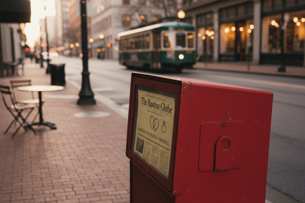 Mock Engagement Announcement in Vintage Newspaper Vending Machine Wide shot of a newspaper vending machine showcasing a mock engagement announcement under natural light, evoking innovative marketing strategies