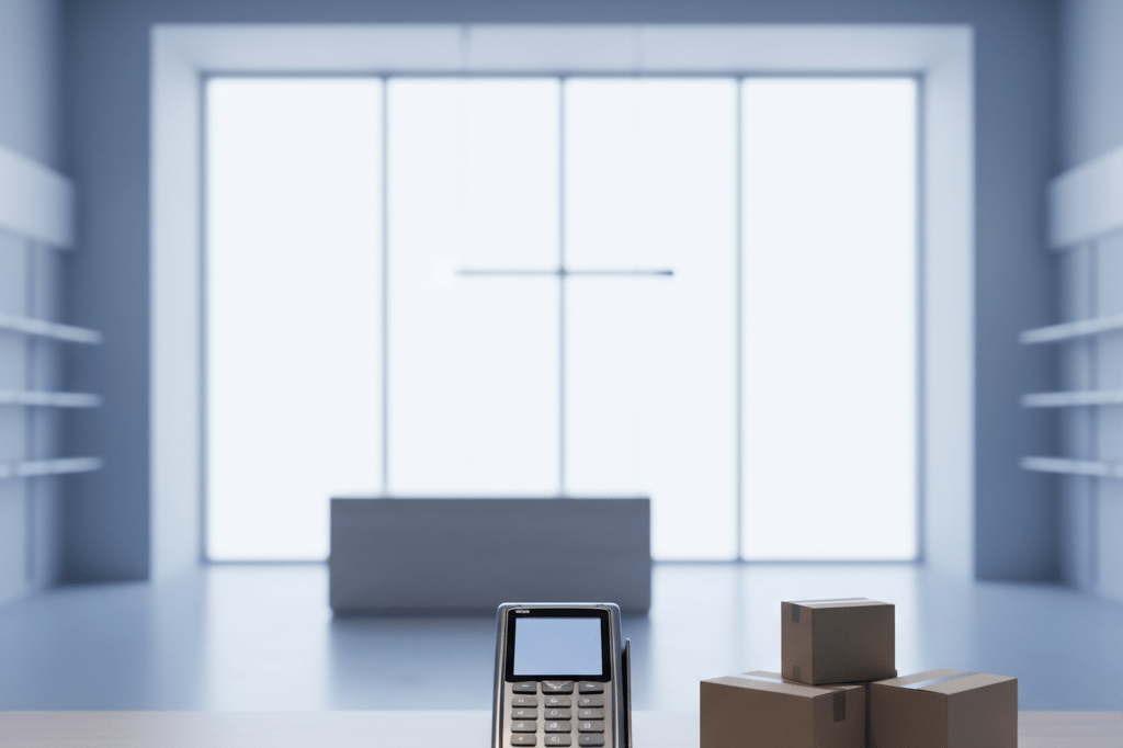 Wide shot of a retail counter showcasing digital payment tools under natural light, symbolizing adaptability to consumer debt challenges