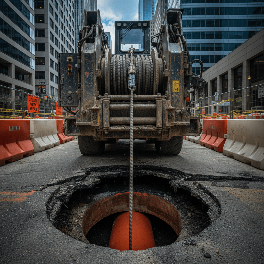 Hydraulic winch pulls large pipe underground during urban street construction.