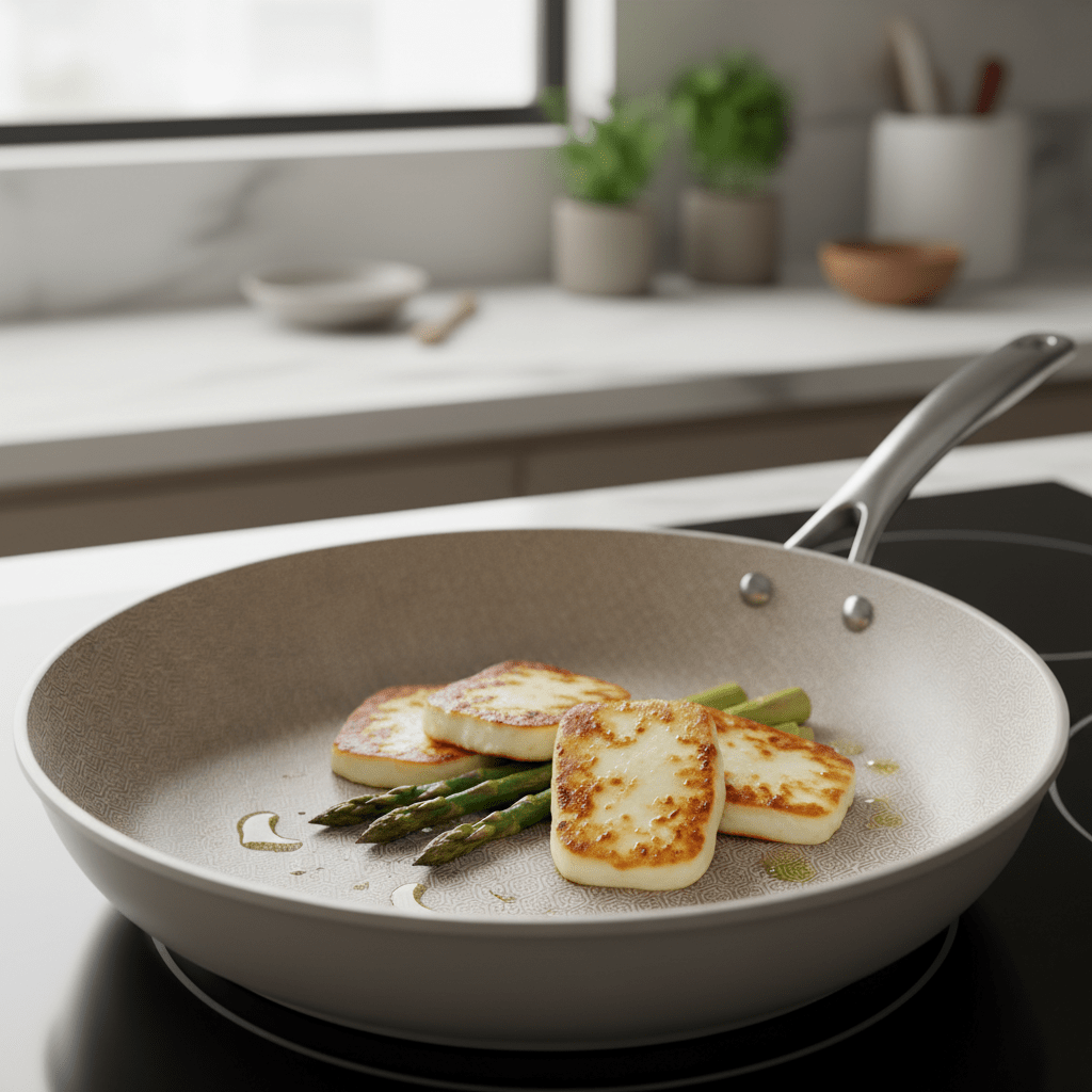 Close-up of modern ceramic pan with textured surface and golden-brown seared food.