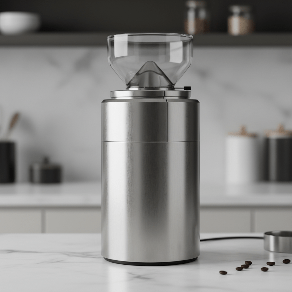 Professional stainless steel coffee grinder with brushed metal finish on a minimalist counter.