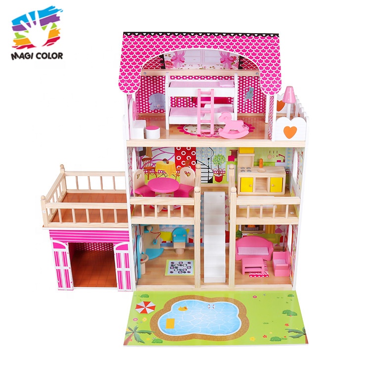 Готовы к отправке 3 этажа освещенные Дети Деревянный кукольный домик с бассейном W06A333C