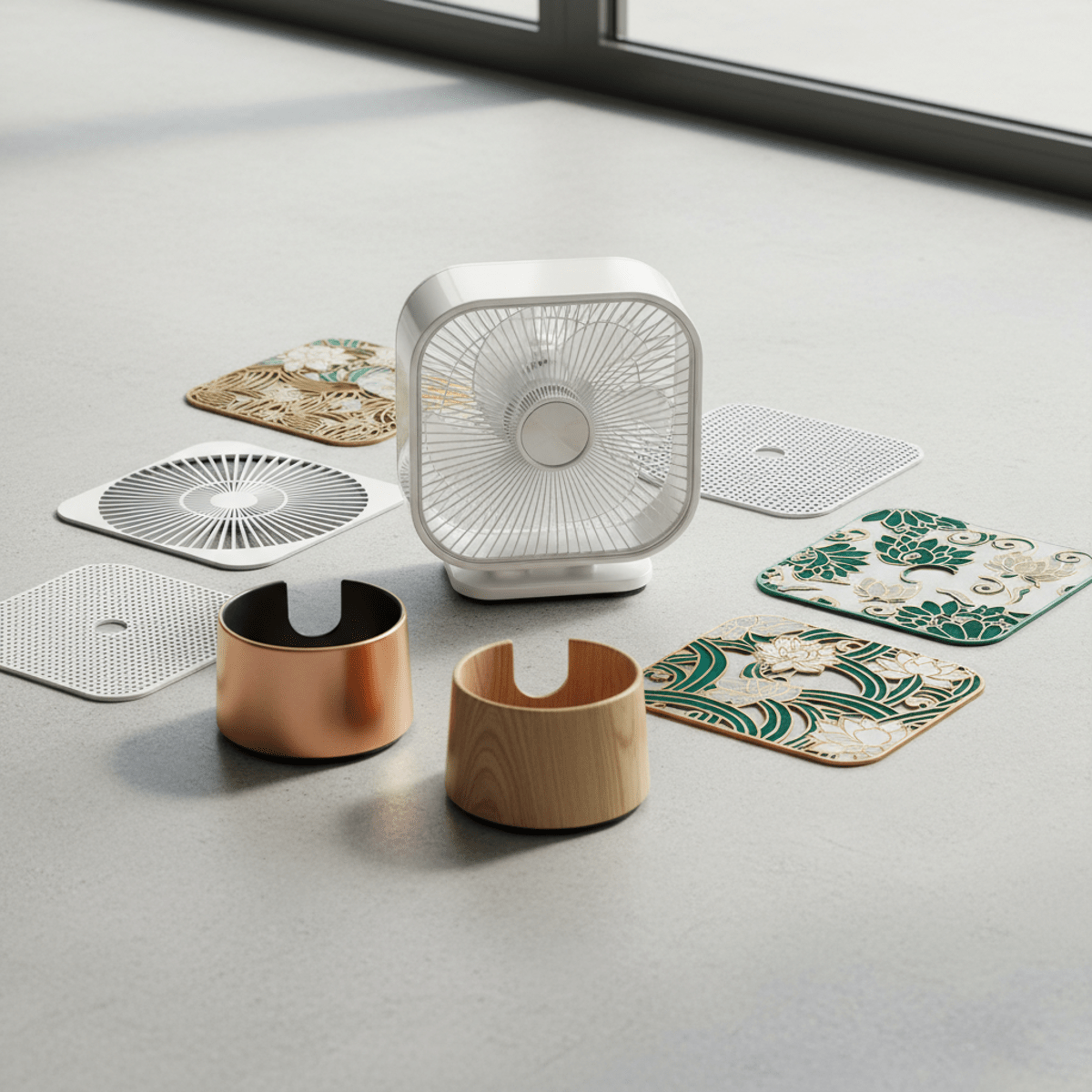 Modern box fan with decorative grilles and base options. Sleek modern box fan with interchangeable grilles and stylish bases.