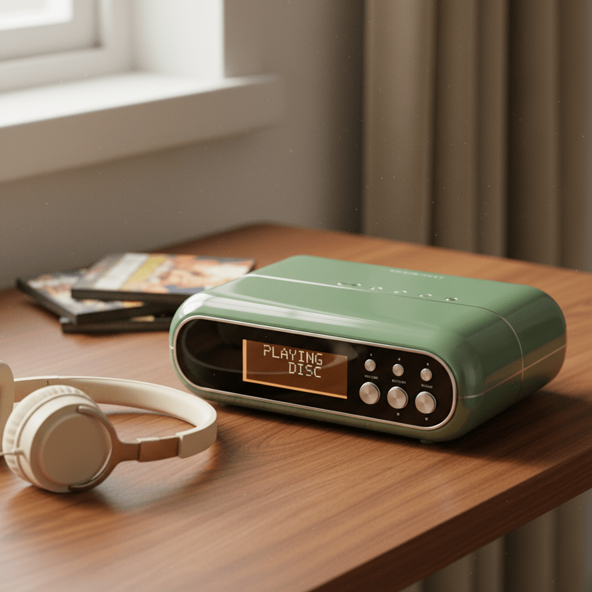 Retro DVD player with sage green casing and metallic buttons on a wooden desk.