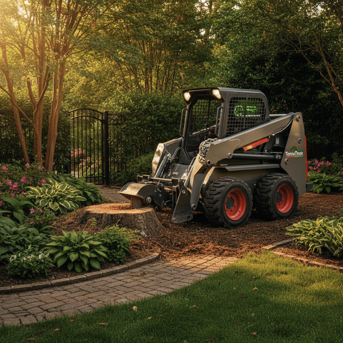 Mini skid steer removes stump in narrow yard with landscaping and brick walkway.