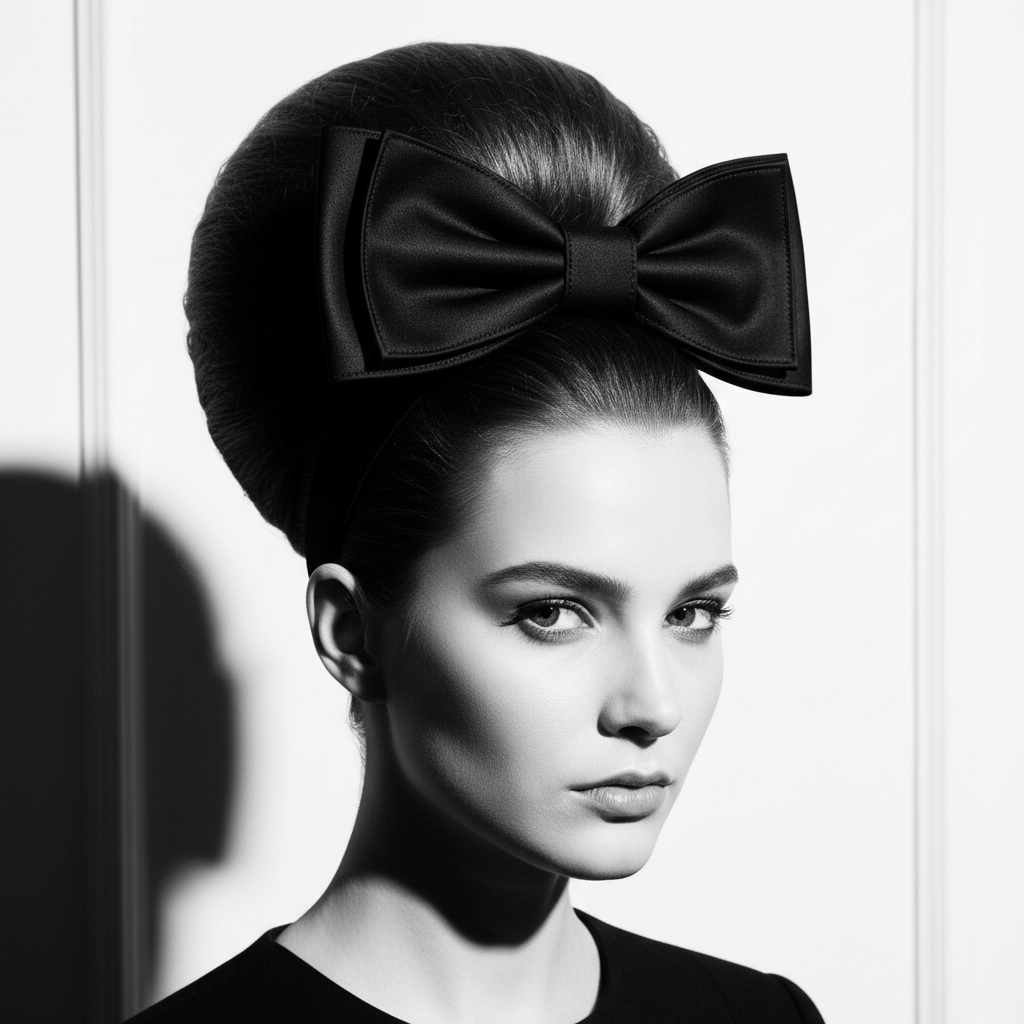Model with 1960s bouffant and structured black bow headband in studio.