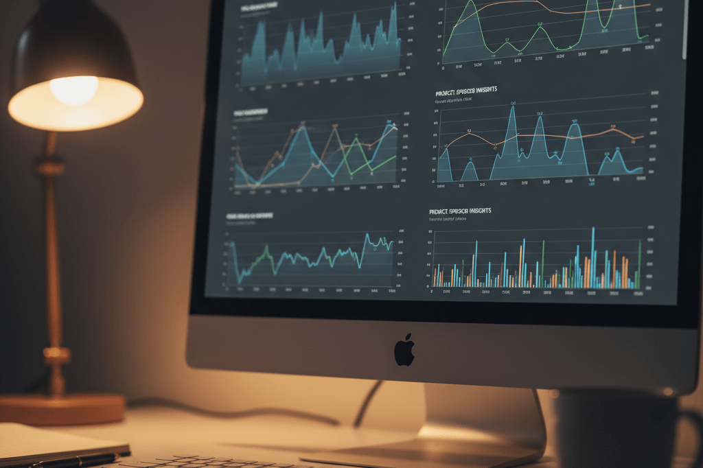 Close-up view of an analytics dashboard under warm desk lamp light, showing engagement graphs for episodic storytelling strategy