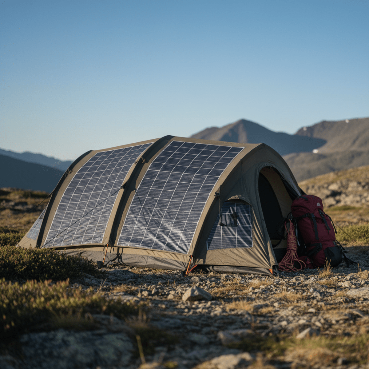 Heavy duty off-grid tent with integrated solar panels in a remote mountainous landscape.