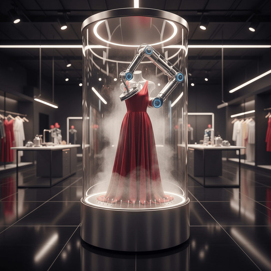Robotic arm gently ironing a silk dress in a high-tech, steam-filled chamber.