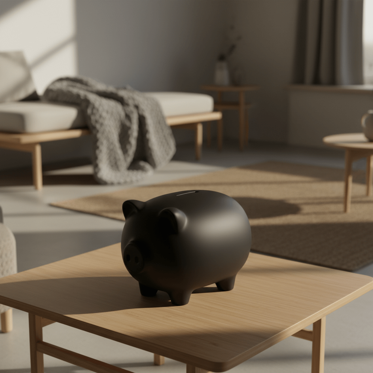 Sleek matte black ceramic piggy bank on bamboo table Modern matte black ceramic piggy bank with rounded edges on a bamboo table.