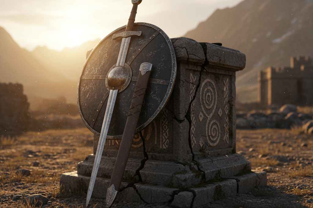 Wide shot of an ancient warrior’s shield and sword on a stone pedestal under golden sunset light, representing defensive tactics against market threats