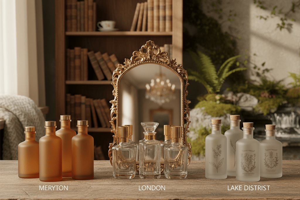 Three premium bottles displayed in varied themed environments, demonstrating how context can reposition and elevate undervalued products