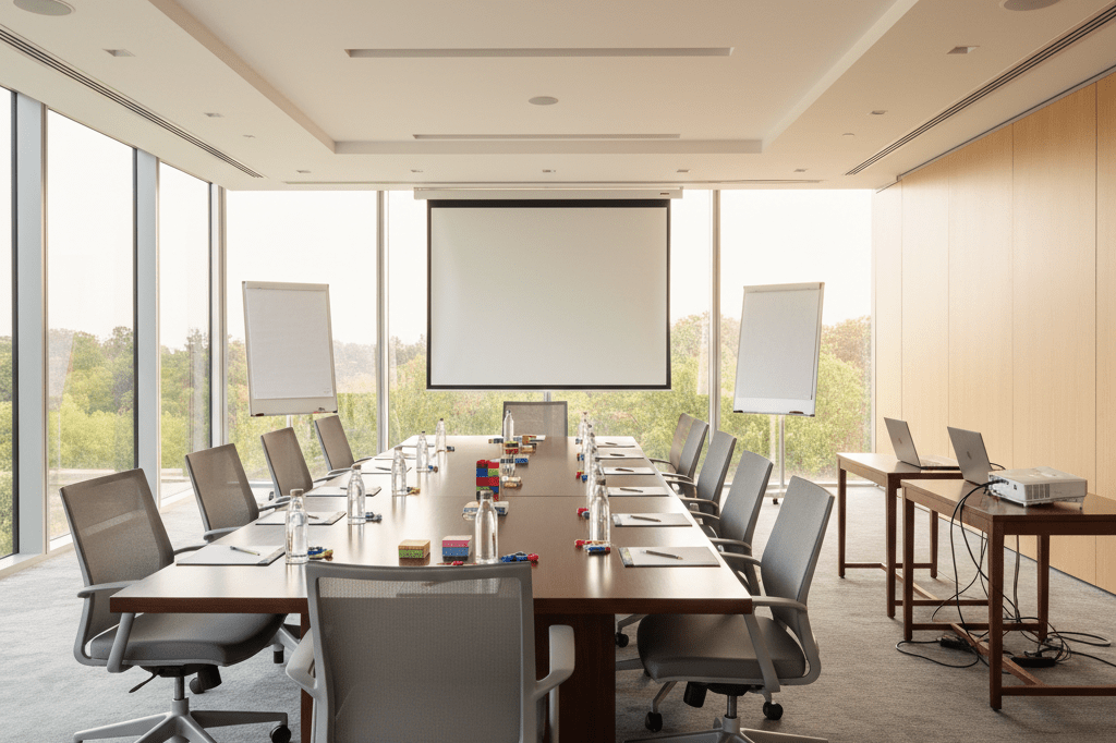 Wide shot of a stylishly set up conference space with team-building supplies under warm natural light, evoking professionalism and readiness