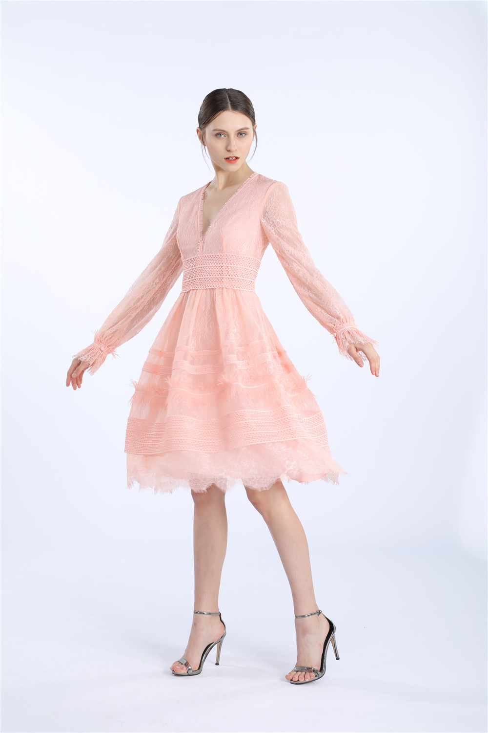 高品质性感 v领晚装女装马克西连衣裙优雅蕾丝长袖连衣裙秋季女士派对