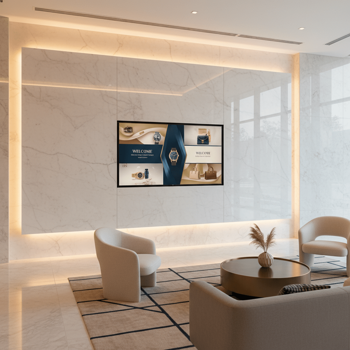 Large vertical TV display in a luxury hotel lobby showcasing welcome visuals and products.