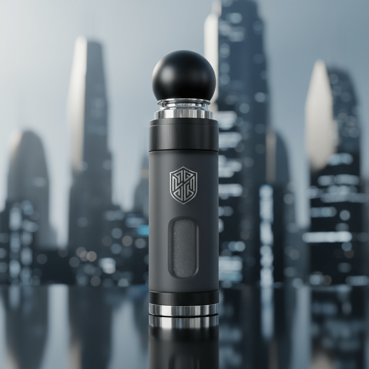 Charcoal face wash bottle with metallic accents on a reflective surface, blurred futuristic city.